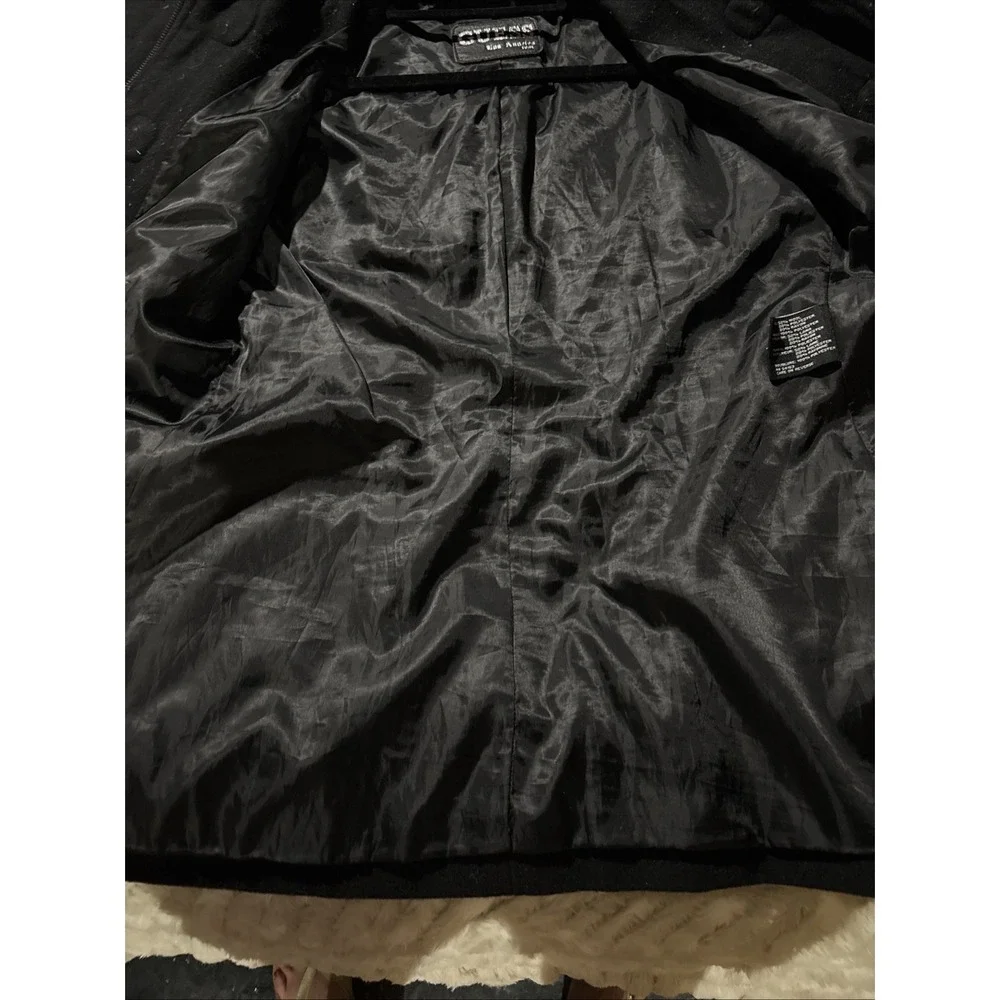 Guess Pea Coat womens Large Y2K Wool Blend Toggle Zipper Removable Hood Black